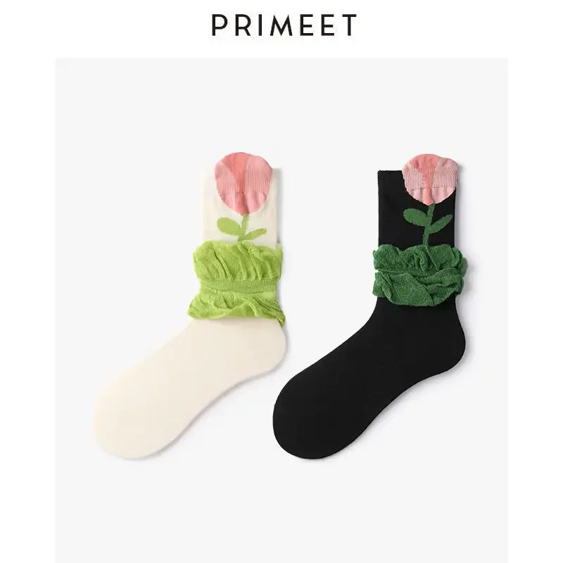 

2024 New Winter and Spring Tulip Series Women Medium Hose Kawaii Versatile Flower Girl Student Cotton Socks Long Socks