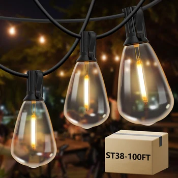 100ft Outdoor String Lights Waterproof, ST38 Globe Led Patio Lights with 24 Edison Vintage Bulbs, Connectable Outdoor Lights for 1
