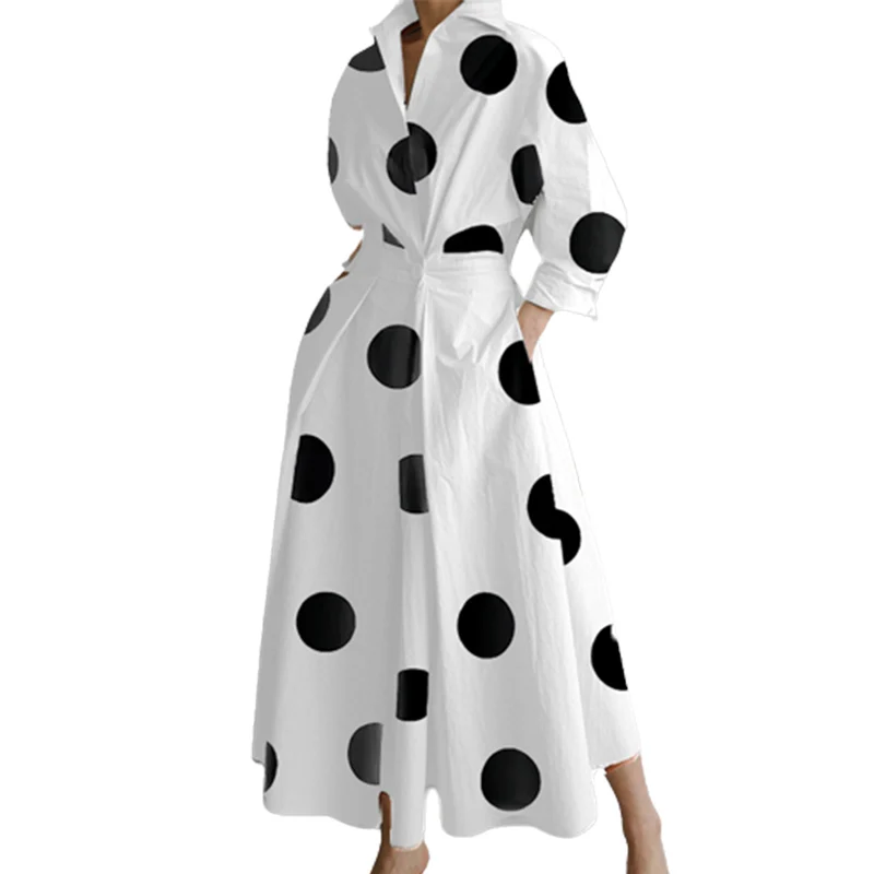 

Women Half Open Button Splicing Shrink Waist Dresses Elegant Print Nine-quarter Sleeve Dressy Female Daily Autumn Commuter Gown