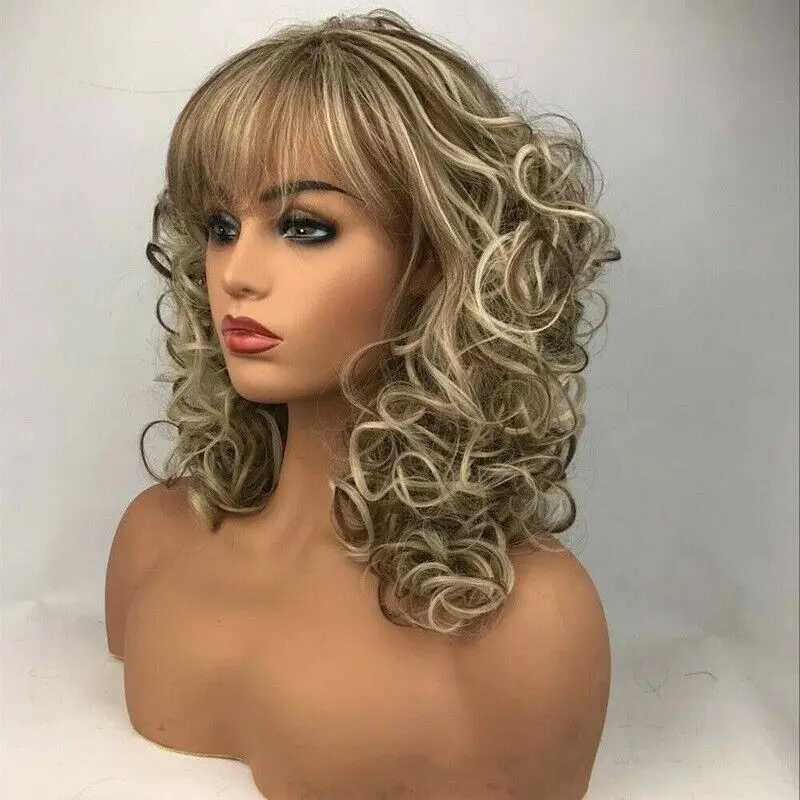 Women's Brown Blonde Mix Medium Curly Ladies Hair Full Wigs