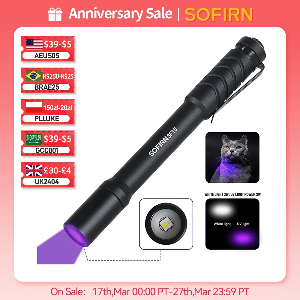 

Фонарик Sofirn-SF15 UV нм, двойной фиолетовый лм, Белый Портативный фонарик AAA, Ультрафиолетовый фонарь для обнаружения/животных/мочи/пятен