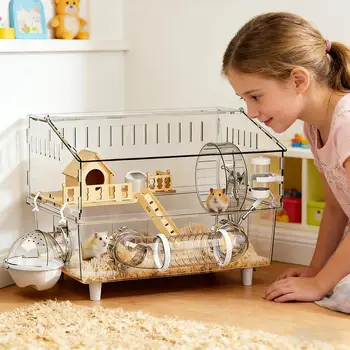 Gabbia per criceti grande con visione a 360 gradi, in acrilico trasparente, con gabbietta rimovibile per gerbilli, topi e altri piccoli animali domestici.
