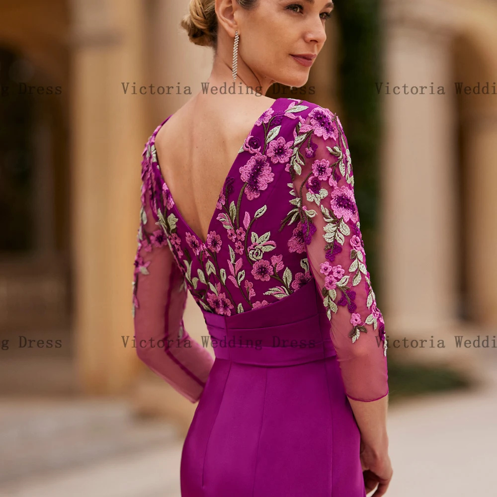 Mother of the Bride Dresses V Neck 3/4 Sleeves Wedding Party Gowns Flowers Front Slit Mermaid