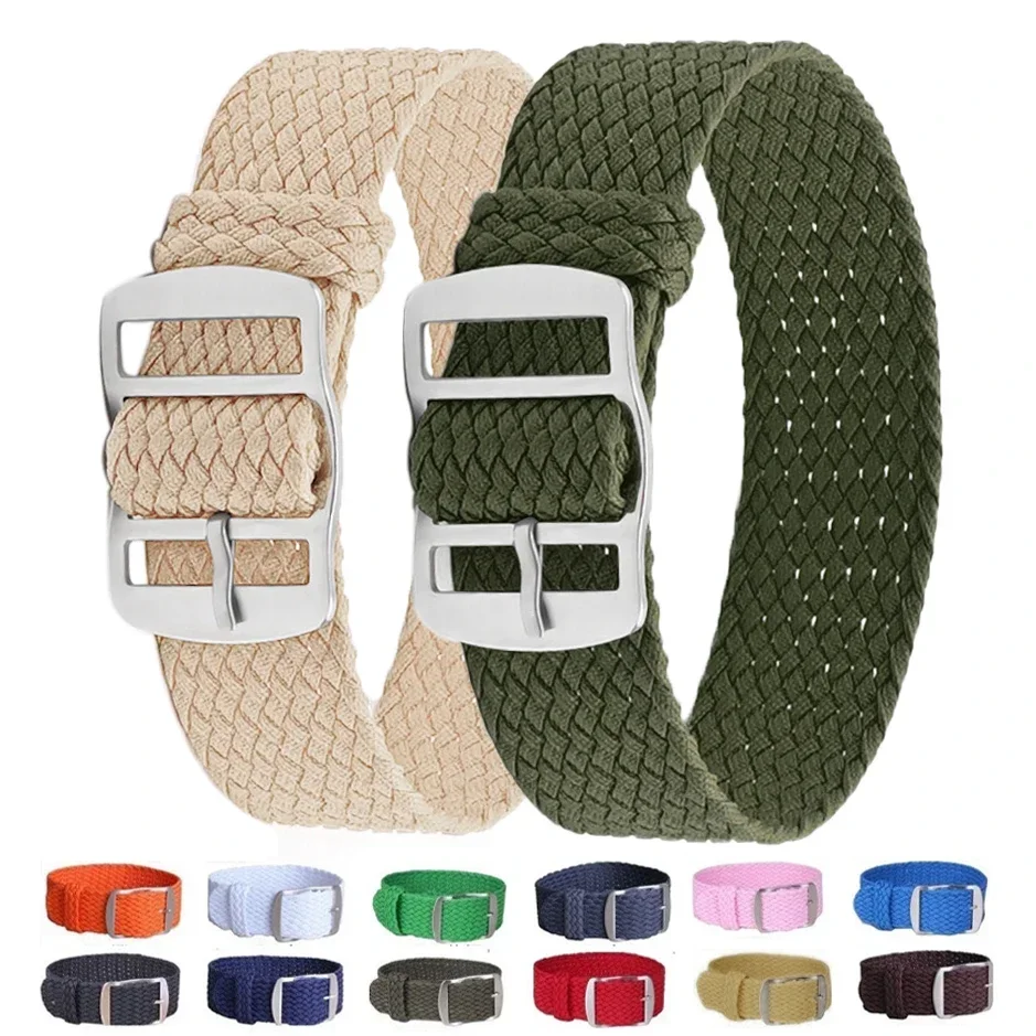 Versatile Perlon Woven Nylon Watch Strap with Metal Buckle - Black and Blue