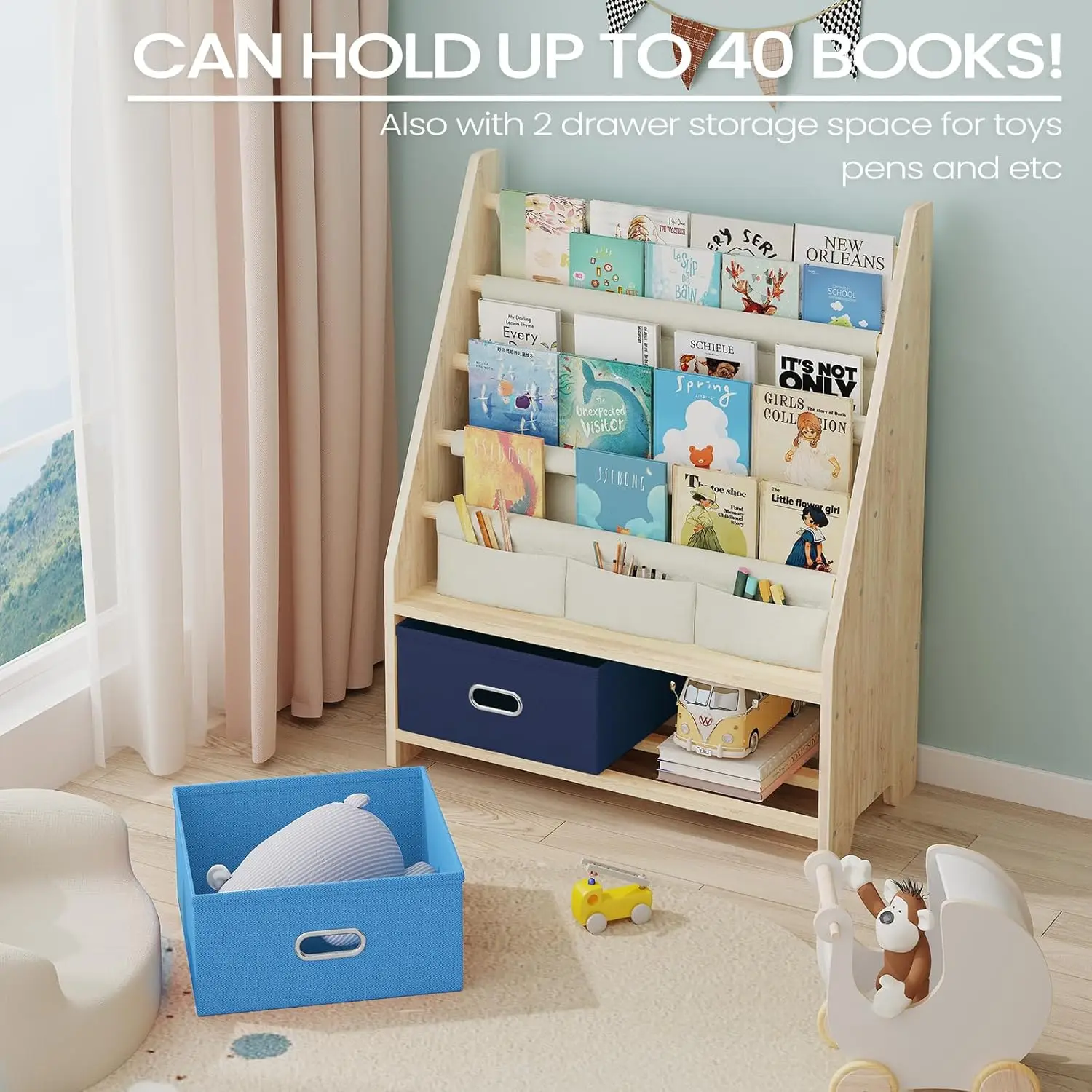 4-Tier Wooden Kids Book Rack with Toy Storage 3