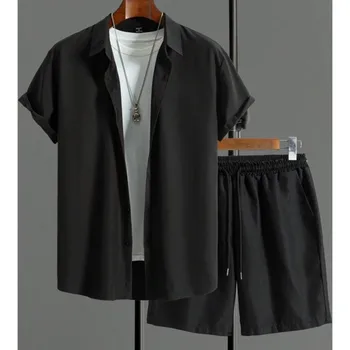 Simple Solid Color Men's Hawaiian Shirt Summer Trend Short Sleeve Shorts 2 Piece Daily Casual Shorts Top Suit Fashion Oversized