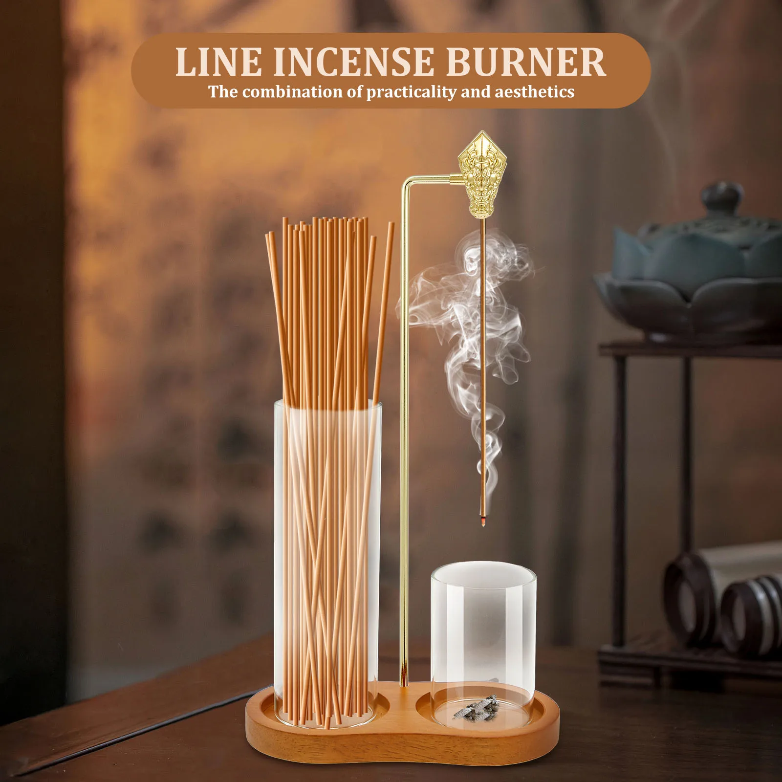 Wooden Incense Holder Upside Down Incense Burner with Glass Ash Catcher Incenses Stick Holders for Yoga Meditation Home Decor