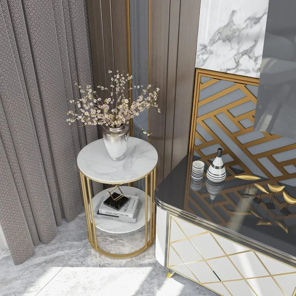 2 Tier Round White Sofa Side Table-Small Coffee Table with Golden Frame-Modern Bedside Nightstand for Living Room Bedroom