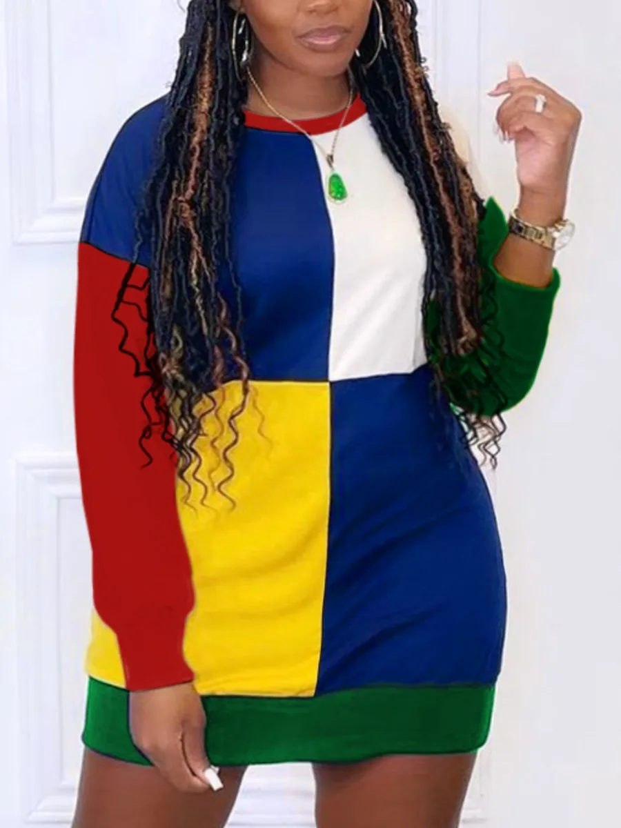 LW Plus Size dress Color Lump Patchwork Sweat Dress Autumn/Winter Sweatshirt Dress long sleeve Mini Dress Pullover