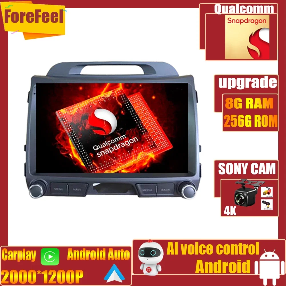 

Carplay Qualcomm Snapdragon Android 12 For Kia Sportage 2011-2016 Stereo Monitor Screen MultimediaPlayer NavigationGPS Autoradio