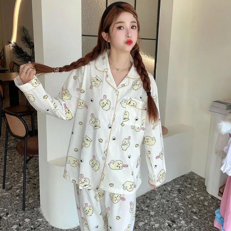 2Pcs Anime Chiikawa 순수 코튼 잠옷 세트 Usagi Homewear 라운드 넥 탑 바지 세트 Hachiware 귀여운 가정 의류 세트 선물