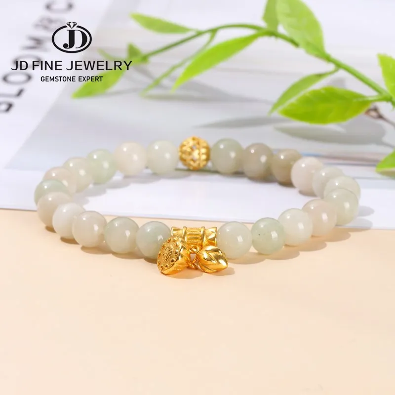 Jd Natural Light Green Jade Bead Alloy Lotus Seed Bracciali Donna Vintage Round Lucky Stone Braccialetti Elastici A Filo Regalo Femminile