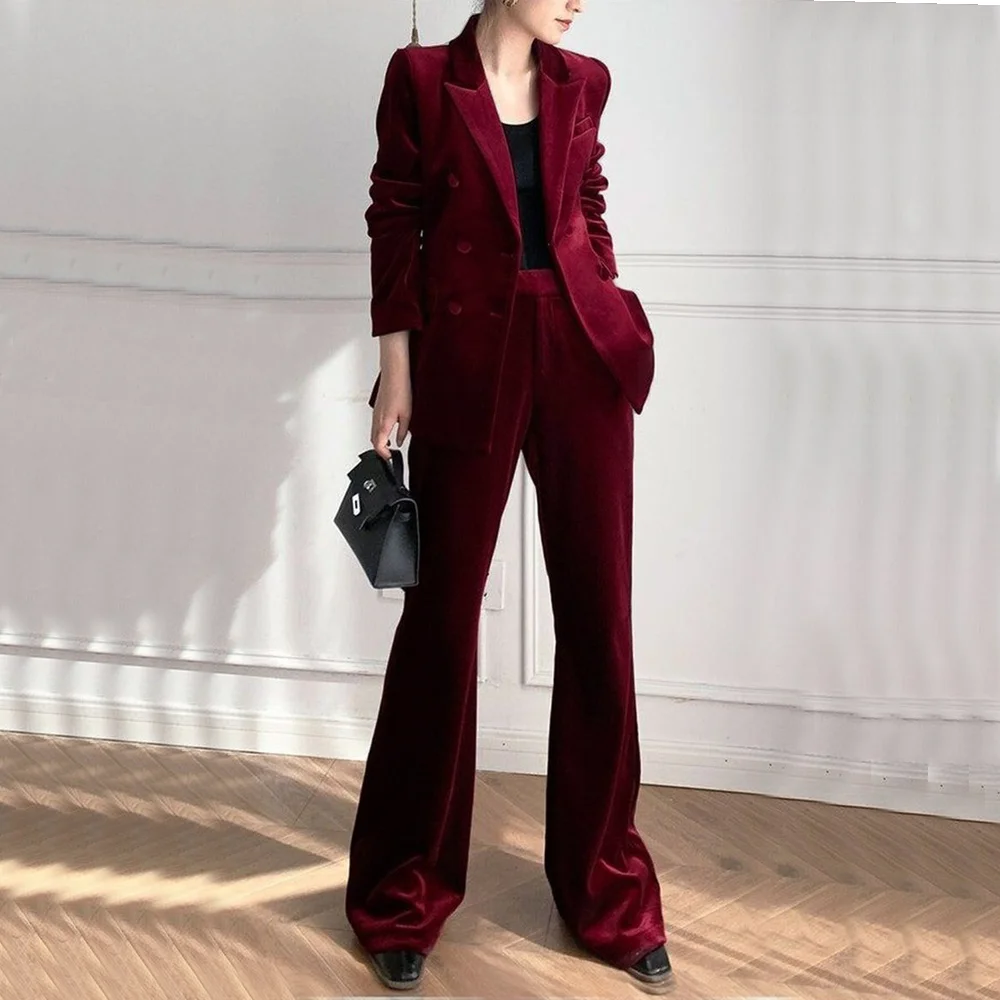 New in Matching Groups of Pant Women's Two-piece Suit Velvet Double Breasted Elegant Business Casual Slim Social Suits for Women