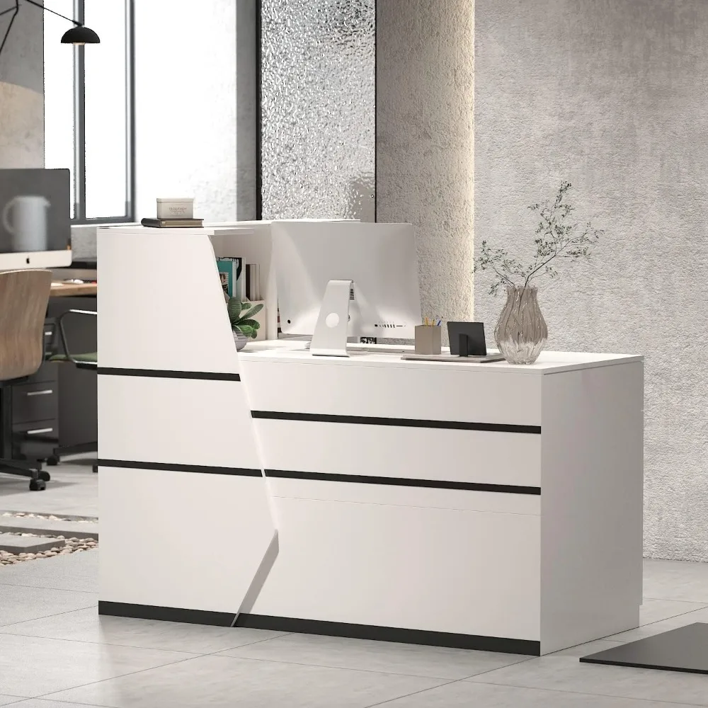 55.1" W Lshape Wood Reception Desk Computer Keyboard Tray White French Mid-Century Modern L-Shape MDF Matte Cabinet Shelves