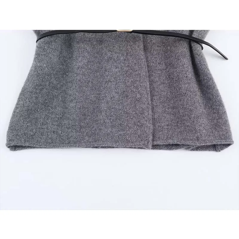 Women's Belted Jacket V-neck Long-Sleeved Loose Hem Cardigan Coat Autumn Winter Woolen Warm New Casual Chic Outerwear