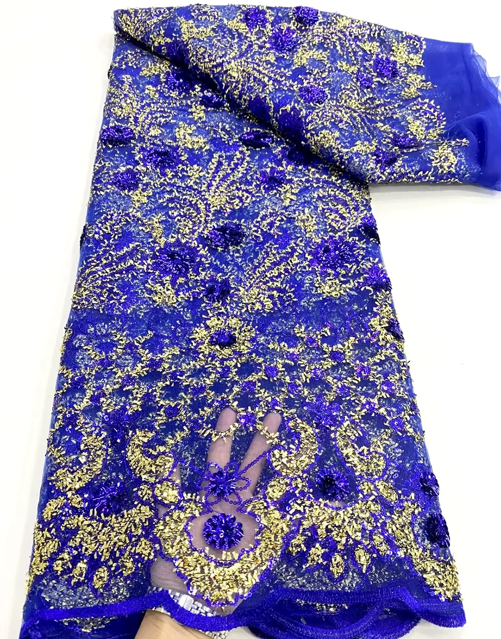

Luxury Royal Blue Sequins Embroidery French Tulle Lace Fabric High Quality Nigerian Wedding Dress African Lace Fabric