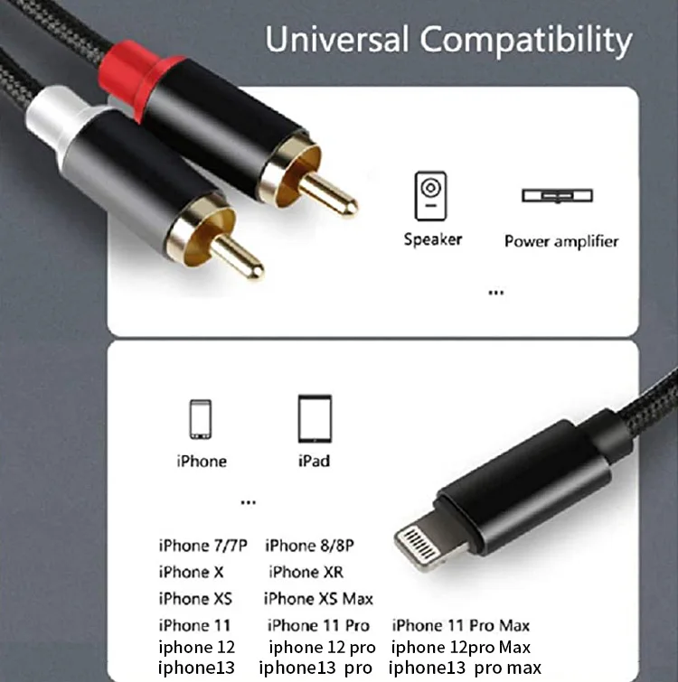 RCA Cable Compatible with iPhone iOS to RCA Aux Audio Cord Adapter
