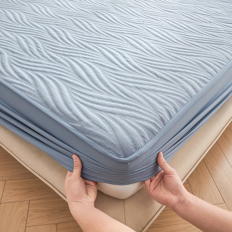 

New Water Ripple Waterproof Laminated Cotton Single Bed Hat Solid Color Bedspread Mattress Protector Antibacterial Sheet Set