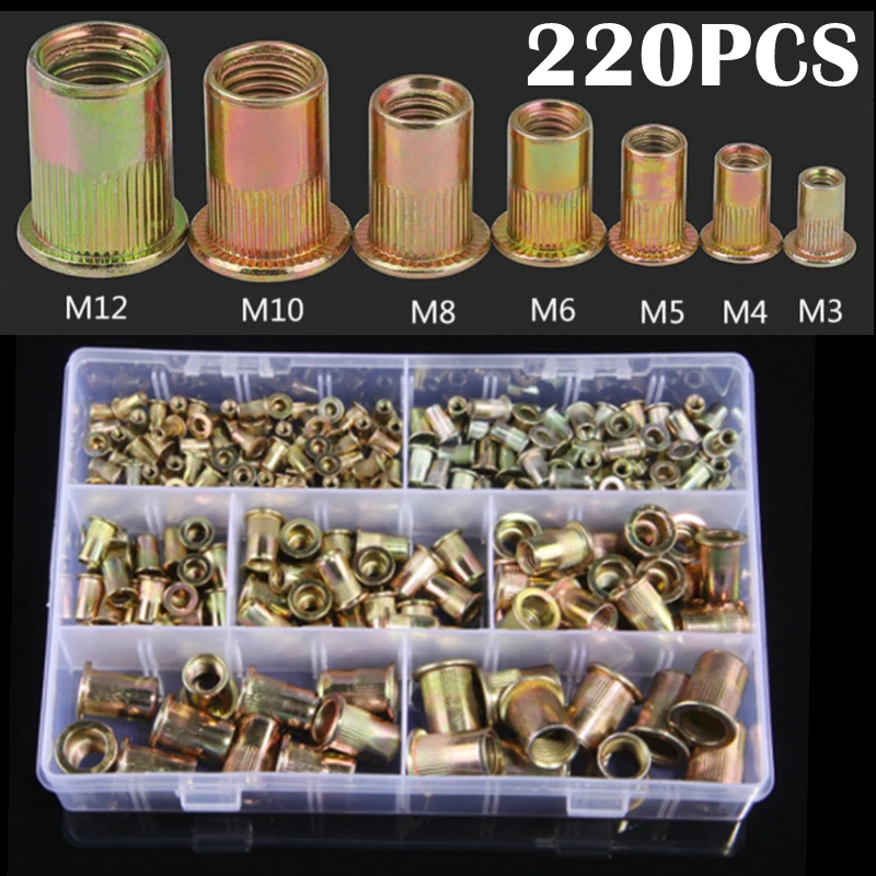 

220PCS M3 M4 M5 M6 M8 M10 M12 Multi-size Carbon Steel Rivet Nut Zinc Plated Flat Head Threaded Blind Rivet Nut Hardware Parts