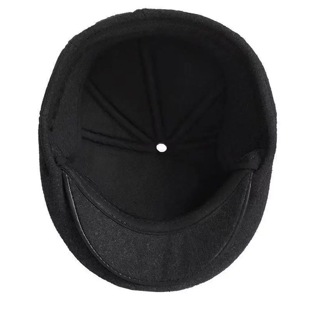 Thick Warm Winter Caps For Men Solid Black Grey Flat Cap Male Autumn Winter Beret Hat With Ear Flaps Dad Grandfather Beret Caps