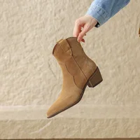 2025 Winter Classic Chelsea Boots for Woman Cow Suede Pointy Toe Wedge Heel Ankle Boots Simple Comfortable Cowboy Boots Female - Image 2
