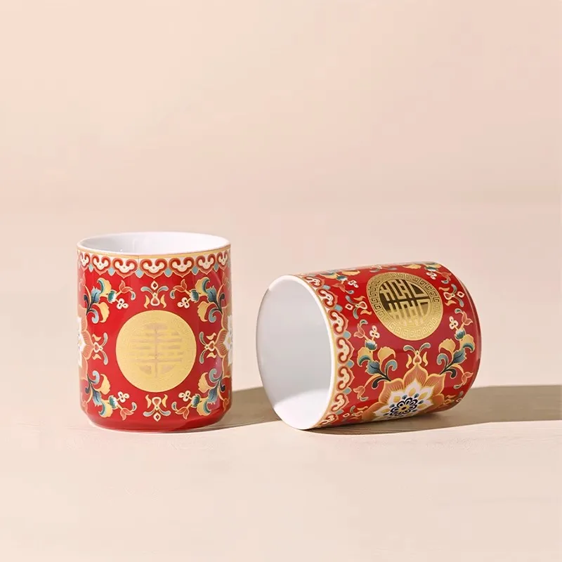 Enamel Wedding Tea Set Chinese Traditional Bridal Shower Gift for Bride, Teacup & Teapot with Double Happiness, Dowry Accessorie