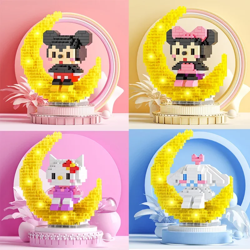 

Cute Moon Disney Gelatoni Mickey Minnie Cinnamorol Assembled Mini Building Blocks Sanrio Model Micro Brick Toys For Santa Gifts