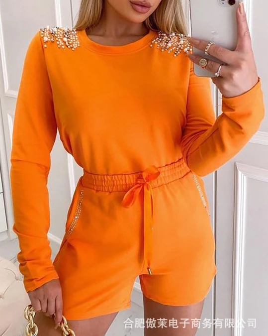 

Women's Summer Youthful Clothes Orange Studded Diamond Long Sleeve Top & Casual Shorts Set Female Fashion Short Pants Outfits