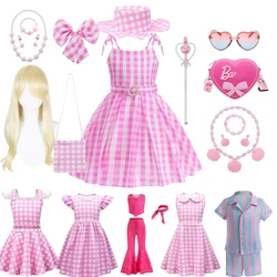 2023 Movie Barbi Theme Cosplay Costume for Girls Birthday Party Pink Dress Cute Baby Boy Elegant Plaid Princess Clothings 2-10T