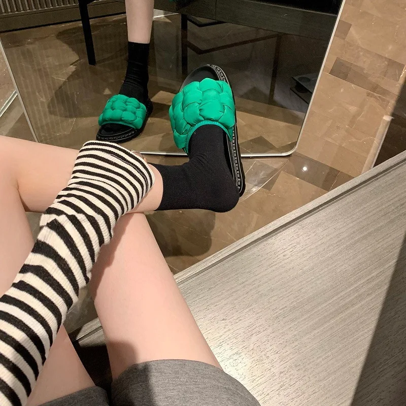 2022 Flats Shoes Woven Soft Women's Slippers Platform Summer Muller Slippers Outdoor Leisure Slip On Slides Open Toe Bread Shoes