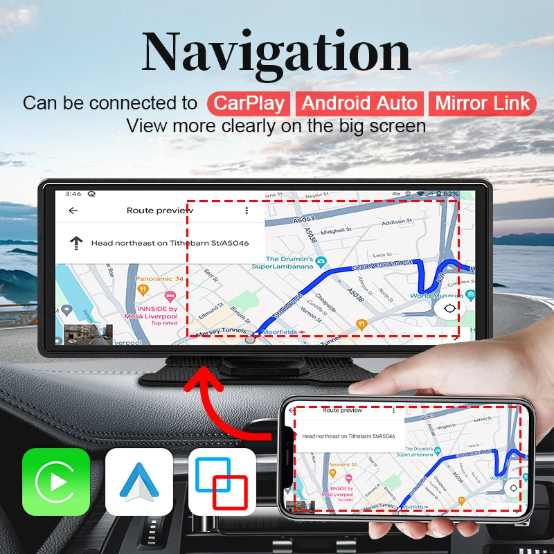 HIPPCRON 10.26" Portable Car Stereo, Wireless CarPlay & Android Auto Touch Screen GPS Navigation FM Multimedia Player