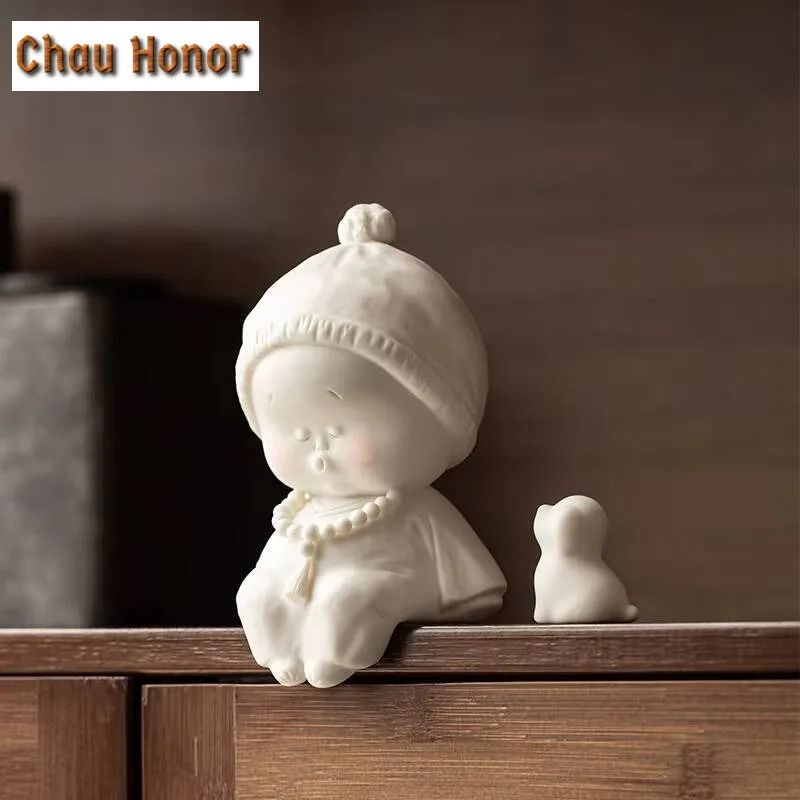 Boutique White Porcelain Tea Pet Figure Statue Handmade Ceramics Small Monk Ornaments Tea Set Decoration Accessories Crafts Gift