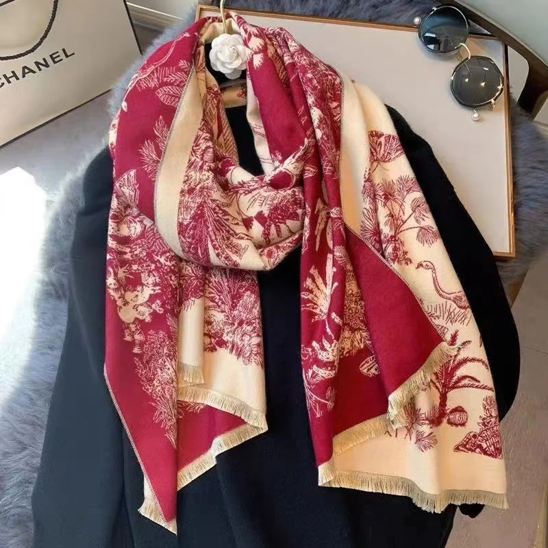 Luxury Floral Print Scarf for Women Warmer Winter Cashmere Pashmina Scarves Shawls Female Thick Blanket Wraps Foulard 2024 NEW