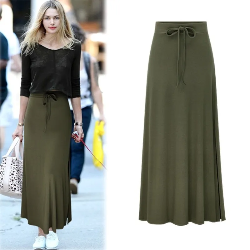 Women's Fashion Knit Long Skirts Spring Solid Color High Waist A-Line Midi Skirt Office Lady Elastic Loose Skirt 1