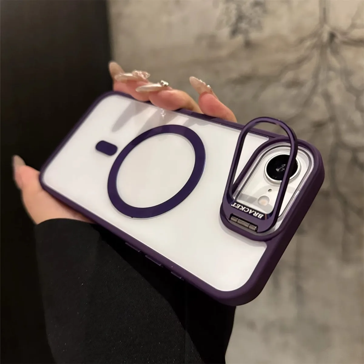 Magsafe-Compatible Clear Case with Metal Camera Frame Stand & Lens Protector