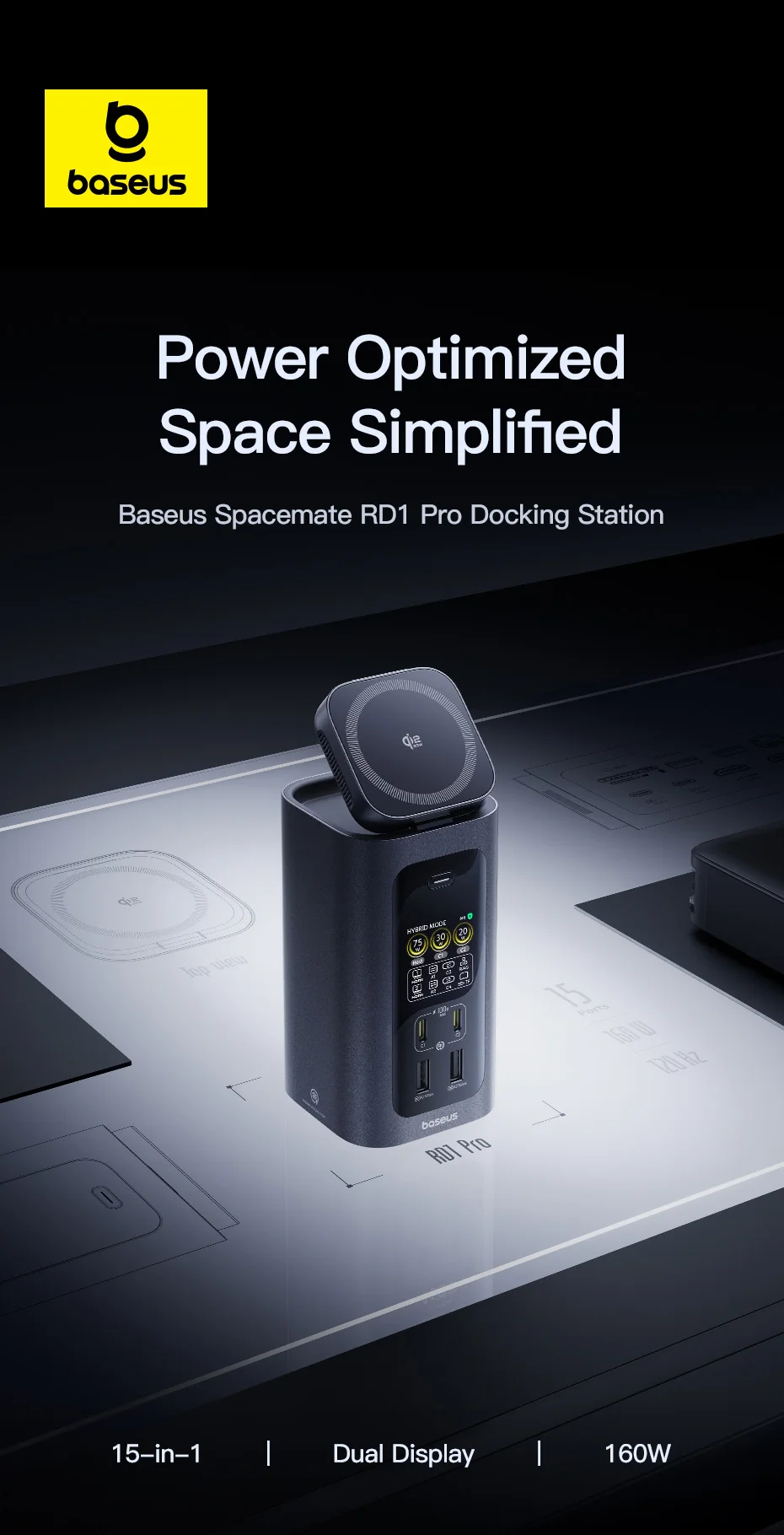 Baseus 160W 15-in-1 USB-C Docking Station with 4K HDMI & Qi2