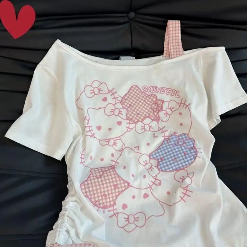 Women's Printed Bow Slanted Shoulder T Shirt Girls Summer Slim Fit Off Shoulder Sweet Short Sleeved Youth Korean Fashion Tops 3