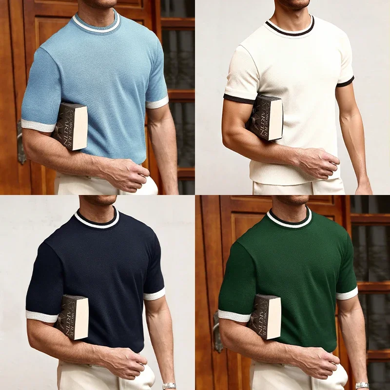 Neue Herren Stretch-Strick-T-Shirts Lässige Kurzarm-Sommer-Tops Gestrickte Pullover-Shirts Rundhals-Kontrast-Strickwaren – Detail 2