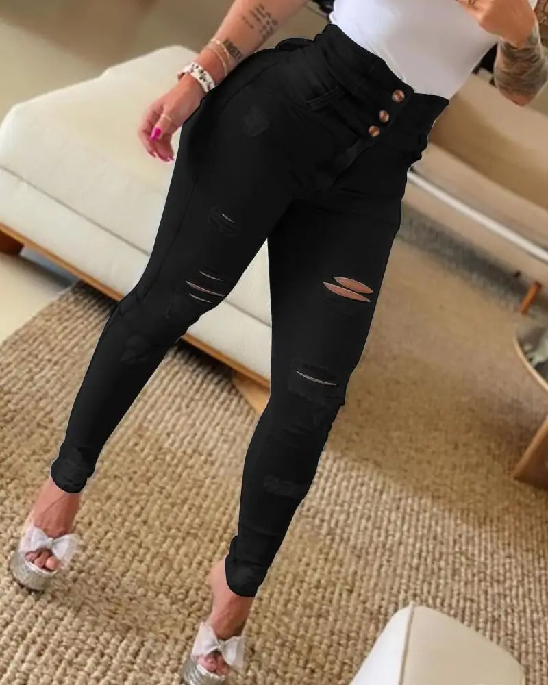Women's Jeans 2023 Trend Autumn Fashion High Waist Buttoned Cutout Ripped Casual Skinny Plain Pocket Design Daily Long Jeans