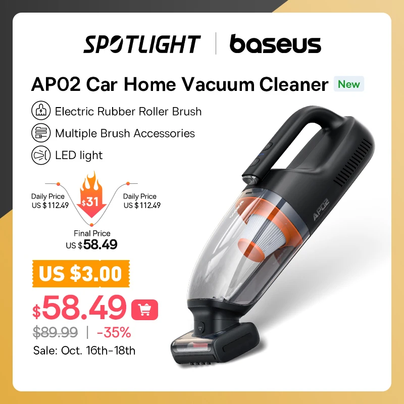 Baseus AP02 Wireless Car Vacuum Cleaner for Pet Hair Motorized Roller Brush Cordless Portable Auto Vehicle Vacuum With LED Light