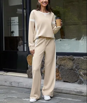 Women Vintage Pants Sets O-Neck Tops Elastic Waist Pant Suit Women's Tracksuit 2025 Autumn Fashion Casual Female Two-piece Set 1