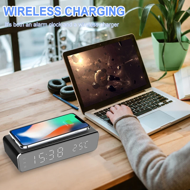 New HD Clock Mirror Digital Thermometer Date Display Alarm Clock LED Electric Alarm Clock With Phone Wireless Charger And Date