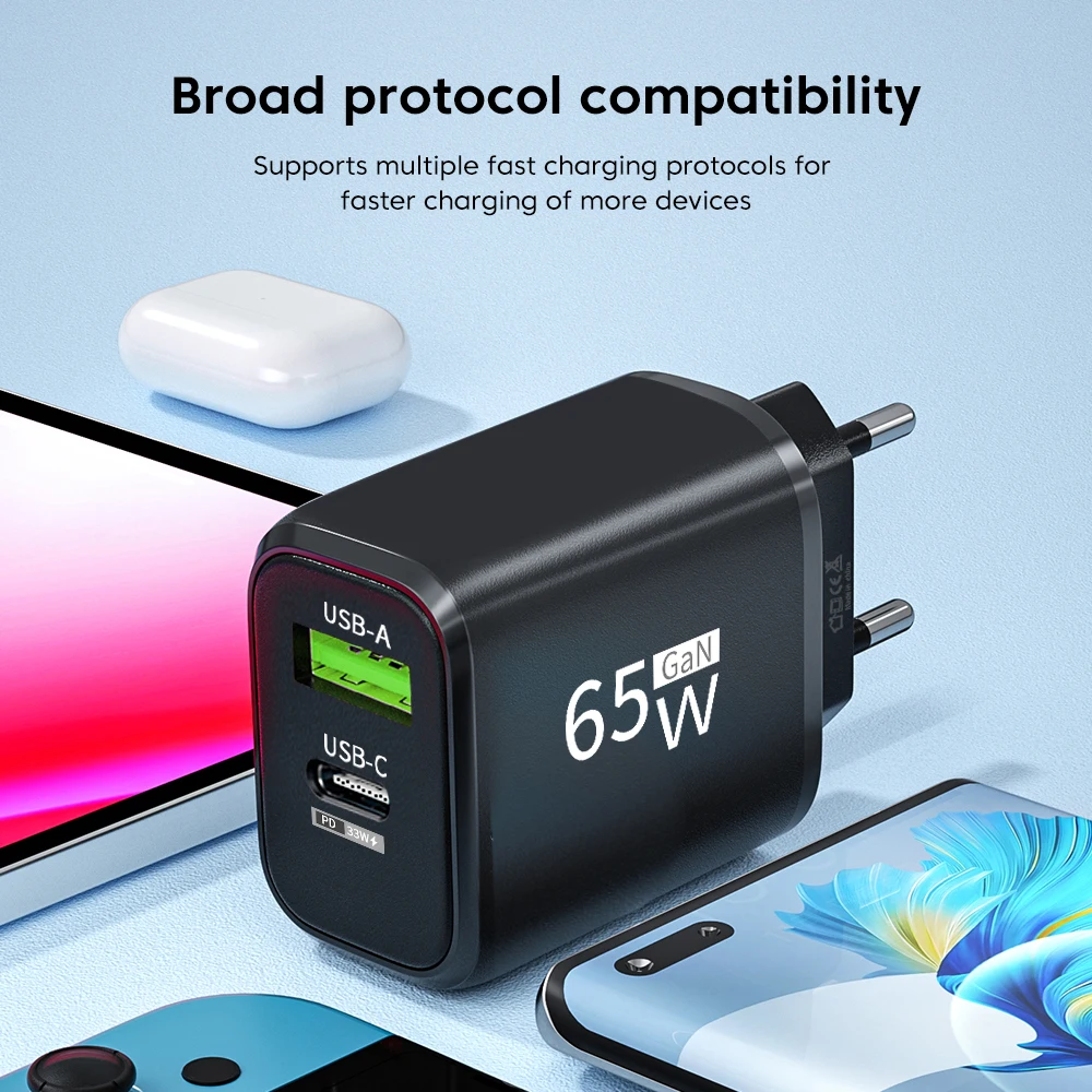 65W GaN PD USB Fast Charging QC3.0 2 Ports Type C EU/US Plug Adapter For iPhone Xiaomi Samsung Huawei cellphone adapter,power adapter,power charger