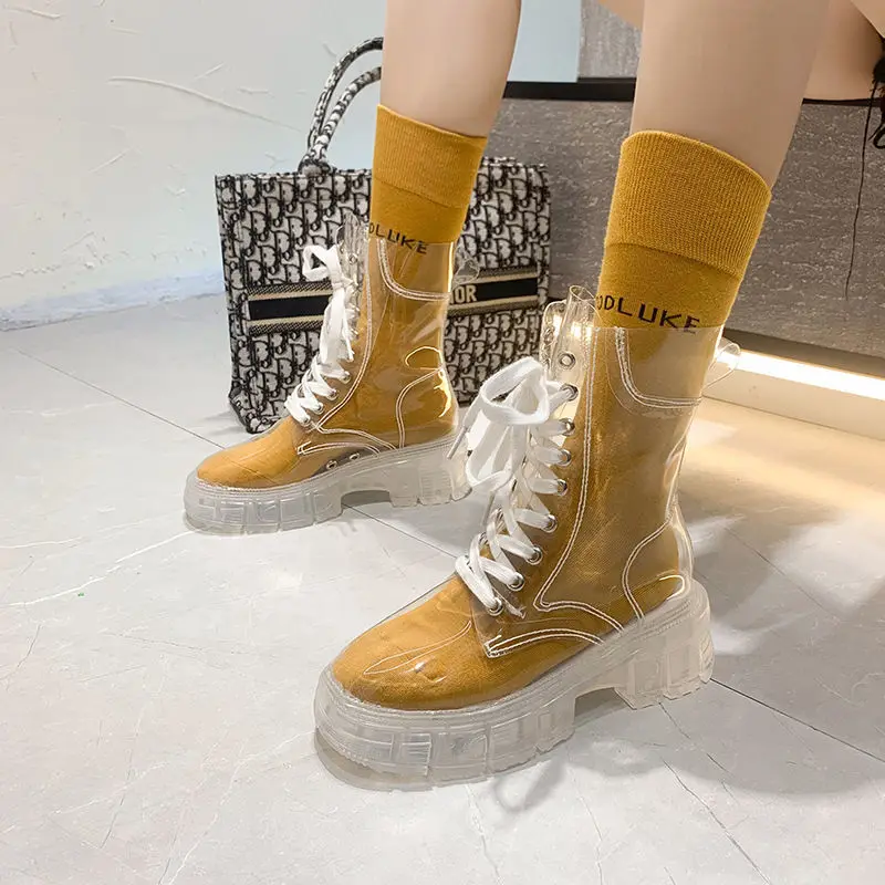 2021 Cool Fashion Women Transparent Platform Boots Waterproof Ankle Boots Feminine Clear Heel Short Boots Sexy Female Rain Shoes 