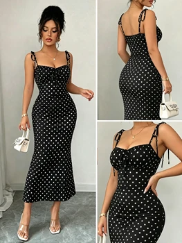 Robe mi-longue à pois noirs et blancs avec nœud, robe sirène plissée ajustée, robe longue de soirée sirène vintage ajustée
