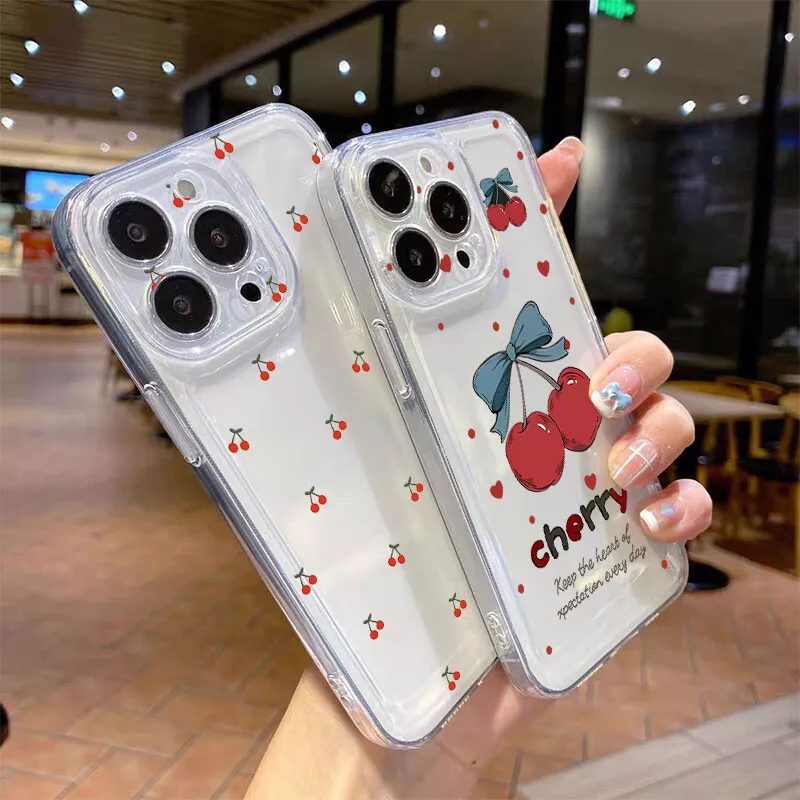 Red Cherry Daisy Transparent Silicone TPU Phone Case Cover