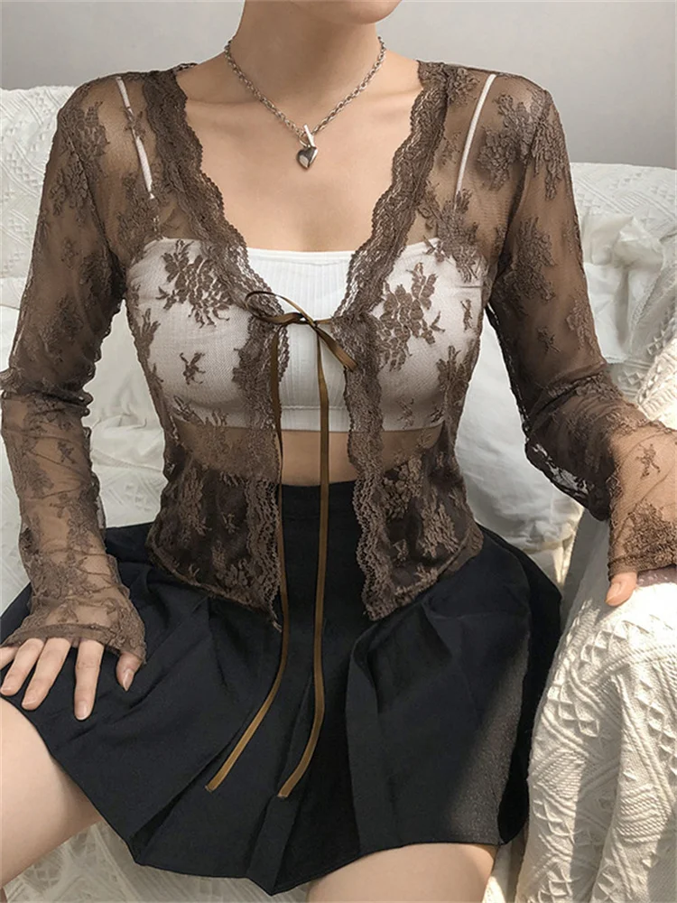 여성용 섹시한 시스루 가디건, 긴 소매 레이스 메쉬 레이스, 빈티지 레이스 업 크롭 탑, 스트릿웨어 가디건 Y2k