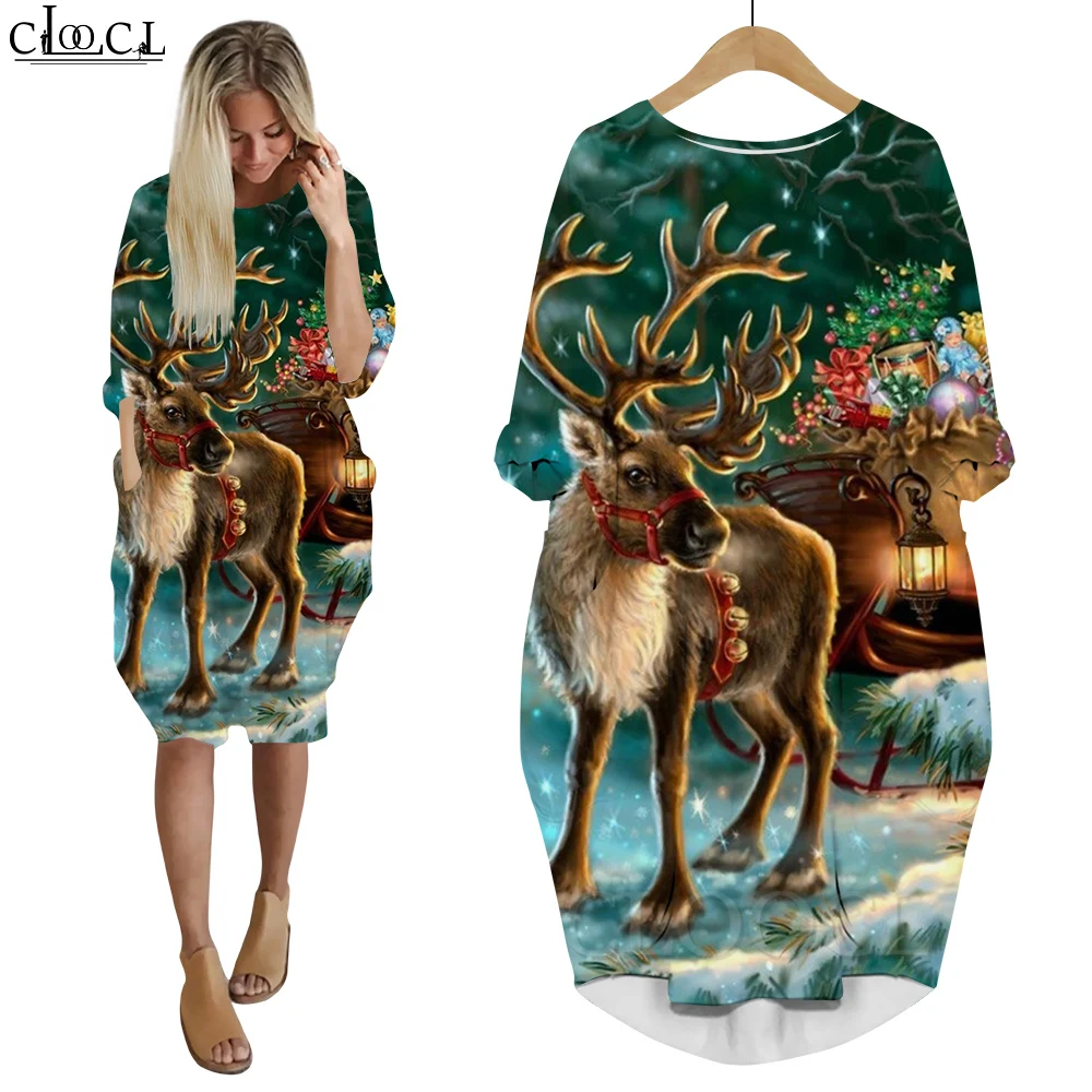 

CLOOCL Long Sleeves Dresses Winter Santa Claus Riding Reindeer Print Party Evening Dresses New Christmas Robe Women Clothing