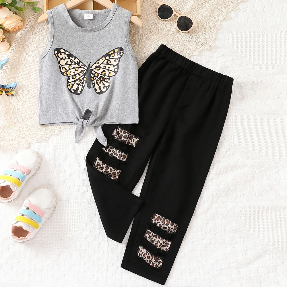 

Kids Girls' Clothes Round Neck Sleeveless T-shirt Vest Denim Pants 2Pcs Set Fashion Casual Style