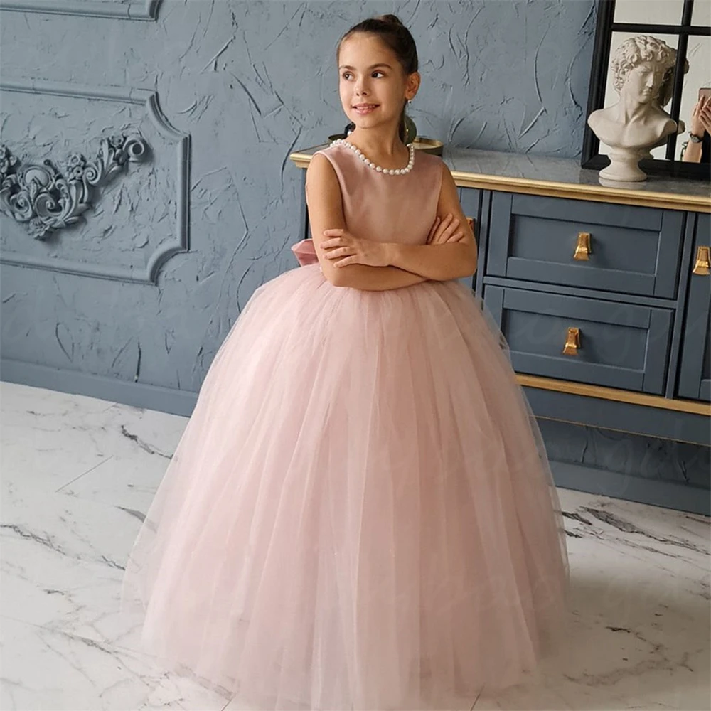 

Flower Girls Dresses Lovely Pink Pearls Beaded For Wedding Tulle Puffy Scoop Neck Sleeveless Princess First Communion Dress